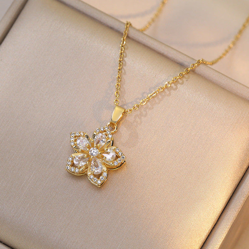 Ins Rhinestones Flowers Necklace Fashion Unique Rotatable Necklace Women's Pendant Jewelry